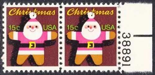 USA Michel 1403 / Scott 1800 postfrisch horiz.PAAR RAND rechts m/ Platten-# 38891- Weihnachten: Santa Claus 