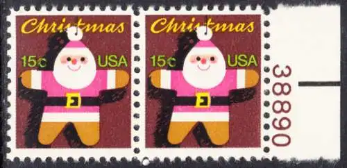 USA Michel 1403 / Scott 1800 postfrisch horiz.PAAR RAND rechts m/ Platten-# 38890- Weihnachten: Santa Claus 