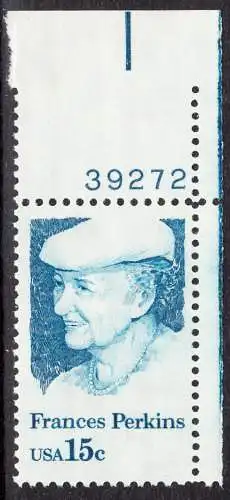 USA Michel 1427 / Scott 1821 postfrisch EINZELMARKE ECKRAND oben rechts m/ Platten-# 39272 - Frances Perkins, erstes weibliches Regierungsmitglied