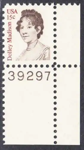 USA Michel 1428 / Scott 1822 postfrisch EINZELMARKE ECKRAND runten echts m/ Platten-# 39297 - Amerikanische Persönlichkeiten: Dolly Madison, Präsidentengattin
