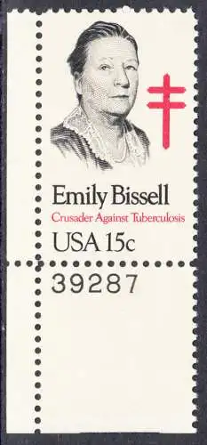 USA Michel 1429 / Scott 1823 postfrisch EINZELMARKE ECKRAND unten links m/ Päatten-# 39287 - Emily Bissell (1861-1948), Kämpferin gegen die Tuberkulose