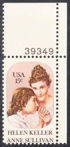 USA Michel 1431 / Scott 1824 postfrisch EINZELMARKE ECKRAND oben rechts m/ Platten-# 39492 - Anne Sullivan, Blindenlehrerin und ihre Schülerin Helen Keller