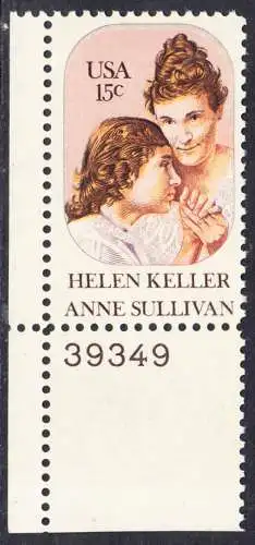 USA Michel 1431 / Scott 1824 postfrisch EINZELMARKE ECKRAND unten links m/ Platten-# 39349 - Anne Sullivan, Blindenlehrerin und ihre Schülerin Helen Keller