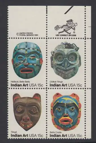 USA Michel 1441-1444 / Scott 1834-1837 postfrisch ZIP-BLOCK (ur) - Amerikanische Volkskunst: Indianer-Masken