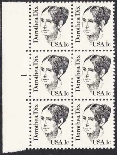 USA Michel 1657 / Scott 1844 postfrisch vert.BLOCK(6) RÄNDER links m/ Platten-# 1 - Amerikanische Persönlichkeiten: Dorothea Dix (1802-1887), Sozialreformerin