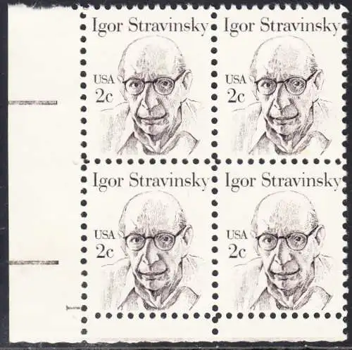 USA Michel 1612 / Scott 1845 postfrisch BLOCK ECKRAND unten links m/ Platten-# 1 - Amerikanische Persönlichkeiten: Igor Strawinsky (1882-1971), Komponist