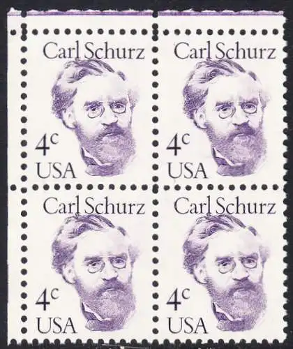 USA Michel 1632 / Scott 1847 postfrisch BLOCK ECKRAND oben links - Amerikanische Persönlichkeiten: Carl Schurz (1829-1906), Politiker
