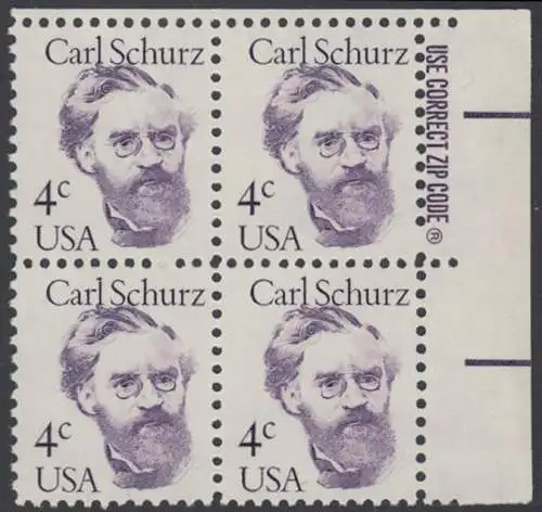 USA Michel 1632 / Scott 1847 postfrisch ZIP-BLOCK (ur) - Amerikanische Persönlichkeiten: Carl Schurz (1829-1906), Politiker