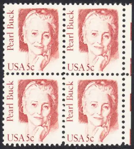 USA Michel 1640 / Scott 1848 postfrisch BLOCK RÄNDER rechts - Amerikanische Persönlichkeiten: Pearl Buck, eigentl. Pearl Walsh (1892-1973), Schriftstellerin, Nobelpreis 1938