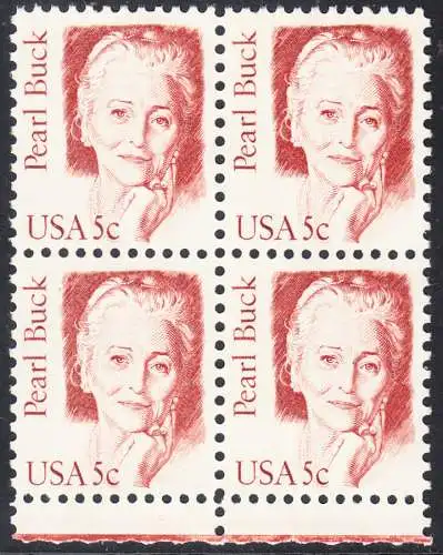 USA Michel 1640 / Scott 1848 postfrisch BLOCK RÄNDER unten - Amerikanische Persönlichkeiten: Pearl Buck, eigentl. Pearl Walsh (1892-1973), Schriftstellerin, Nobelpreis 1938