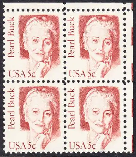 USA Michel 1640 / Scott 1848 postfrisch BLOCK ECKRAND oben rechts - Amerikanische Persönlichkeiten: Pearl Buck, eigentl. Pearl Walsh (1892-1973), Schriftstellerin, Nobelpreis 1938