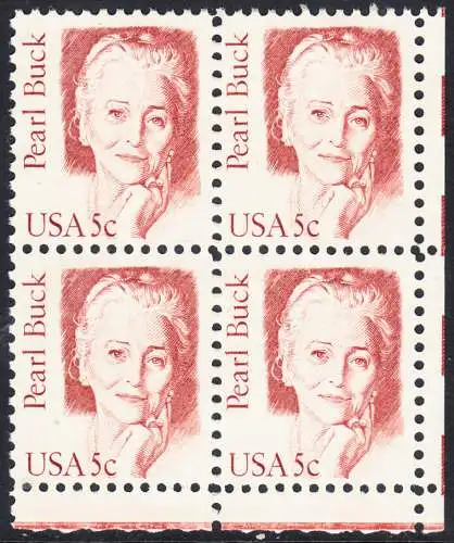 USA Michel 1640 / Scott 1848 postfrisch BLOCK ECKRAND unten rechts - Amerikanische Persönlichkeiten: Pearl Buck, eigentl. Pearl Walsh (1892-1973), Schriftstellerin, Nobelpreis 1938