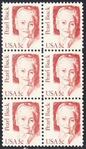 USA Michel 1640 / Scott 1848 postfrisch vert.BLOCK(6) (a1) - Amerikanische Persönlichkeiten: Pearl Buck, eigentl. Pearl Walsh (1892-1973), Schriftstellerin, Nobelpreis 1938