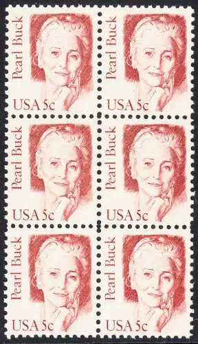 USA Michel 1640 / Scott 1848 postfrisch vert.BLOCK(6) (a2) - Amerikanische Persönlichkeiten: Pearl Buck, eigentl. Pearl Walsh (1892-1973), Schriftstellerin, Nobelpreis 1938