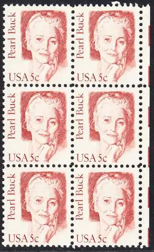USA Michel 1640 / Scott 1848 postfrisch vert.BLOCK(6) RÄNDER rechts - Amerikanische Persönlichkeiten: Pearl Buck, eigentl. Pearl Walsh (1892-1973), Schriftstellerin, Nobelpreis 1938