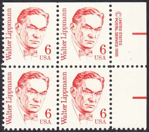 USA Michel 1766 / Scott 1849 postfrisch BLOCK RÄNDER rechts (oben ungezähnt) m/ Copyright Symbol - Amerikanische Persönlichkeiten: Walter Lippmann (1889-1974), Journalist