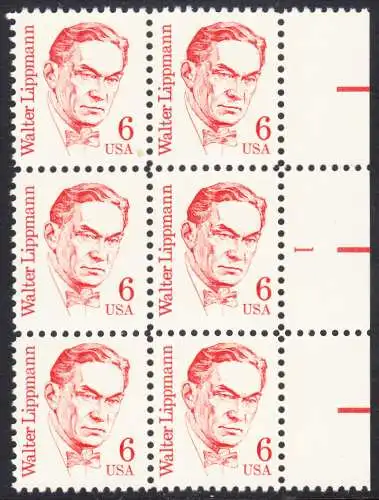 USA Michel 1766 / Scott 1849 postfrisch vert.BLOCK RÄNDER rechts m/ Platteb-# (1) - Amerikanische Persönlichkeiten: Walter Lippmann (1889-1974), Journalist