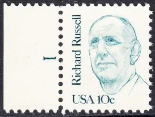 USA Michel 1698 / Scott 1853 postfrisch EINZELMARKE RAND links  m/ Platten-# - Amerikanische Persönlichkeiten: Richard B. Russell (1897-1971), Senator