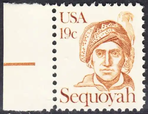 USA Michel 1452 / Scott 1859 postfrisch EINZELMARKE RAND links (a2) - Amerikanische Persönlichkeiten: Cherokee-Indianer Sequoyah (1770-1843); Erfinder des Cherokee-Alphabets