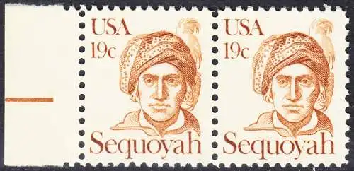 USA Michel 1452 / Scott 1859 postfrisch horiz.PAAR RAND links - Amerikanische Persönlichkeiten: Cherokee-Indianer Sequoyah (1770-1843); Erfinder des Cherokee-Alphabets