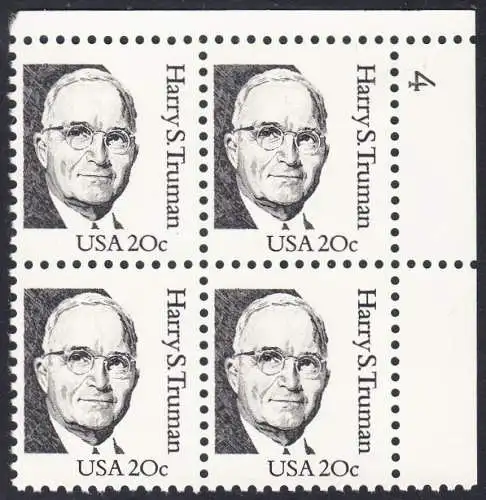 USA Michel 1676 / Scott 1862 postfrisch PLATEBLOCK ECKRAND oben rechts m/ Platten-# 4 - Amerikanische Persönlichkeiten: Harry S. Truman (1884-1972), 33. Präsident der USA