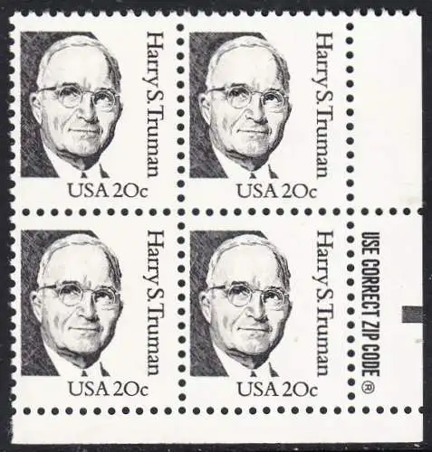 USA Michel 1676 / Scott 1862 postfrisch ZIP-BLOCK ECKRAND unten rechts - Amerikanische Persönlichkeiten: Harry S. Truman (1884-1972), 33. Präsident der USA