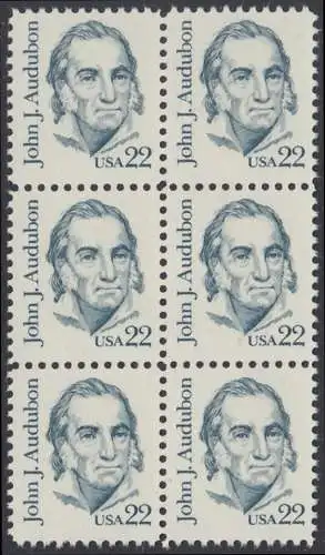 USA Michel 1749 / Scott 1863 postfrisch vert.BLOCK(6) - Amerikanische Persönlichkeiten: John James Audubon (1785-1851), Zeichner