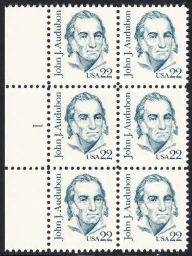 USA Michel 1749 / Scott 1863 postfrisch vert.BLOCK(6) RÄNDER links m/ Platten-# 1 - Amerikanische Persönlichkeiten: John James Audubon (1785-1851), Zeichner