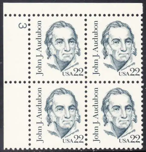 USA Michel 1749 / Scott 1863 postfrisch PLATEBLOCK ECKRAND oben links m/ Platten-# 3 - Amerikanische Persönlichkeiten: John James Audubon (1785-1851), Zeichner
