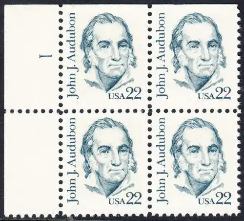USA Michel 1749 / Scott 1863 postfrisch PLATEBLOCK ECKRAND oben links m/ Platten-# 1 (top cut) - Amerikanische Persönlichkeiten: John James Audubon (1785-1851), Zeichner