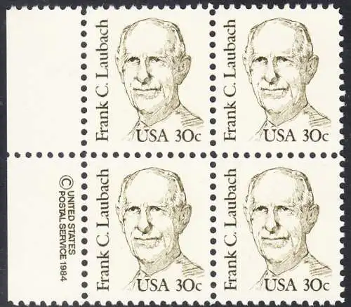 USA Michel 1707 / Scott 1864 postfrisch BLOCK RÄNDER links m/ copyright symbol - Amerikanische Persönlichkeiten: Frank C. Laubach (1884-1970), Missionar und Philologe