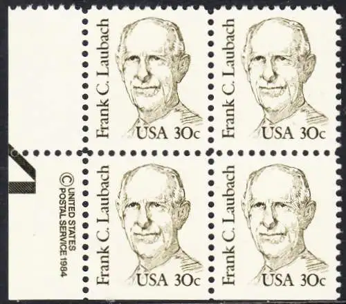 USA Michel 1707 / Scott 1864 postfrisch BLOCK ECKRAND unten links m/ copyright symbol (unten ungezähnt / a2) - Amerikanische Persönlichkeiten: Frank C. Laubach (1884-1970), Missionar und Philologe