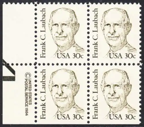 USA Michel 1707 / Scott 1864 postfrisch BLOCK ECKRAND unten links m/ copyright symbol (unten ungezähnt / a1) - Amerikanische Persönlichkeiten: Frank C. Laubach (1884-1970), Missionar und Philologe