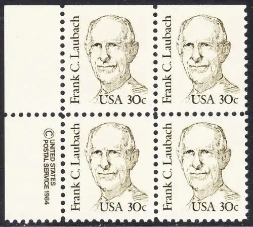 USA Michel 1707 / Scott 1864 postfrisch BLOCK ECKRAND oben links m/ copyright symbol (unten ungezähnt / a1) - Amerikanische Persönlichkeiten: Frank C. Laubach (1884-1970), Missionar und Philologe