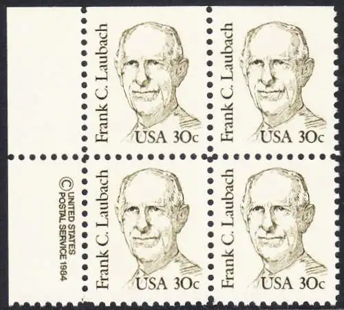 USA Michel 1707 / Scott 1864 postfrisch BLOCK ECKRAND oben links m/ copyright symbol (oben ungezähnt / a2) - Amerikanische Persönlichkeiten: Frank C. Laubach (1884-1970), Missionar und Philologe