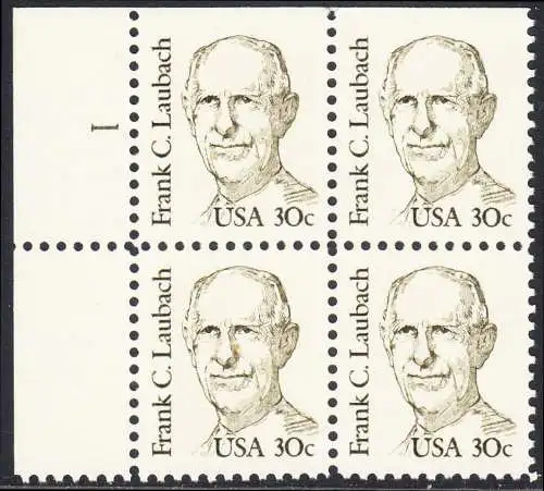 USA Michel 1707 / Scott 1864 postfrisch BLOCK ECKRAND oben links m/ Platten-# (oben ungezähnt) - Amerikanische Persönlichkeiten: Frank C. Laubach (1884-1970), Missionar und Philologe