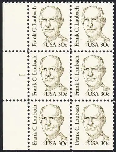 USA Michel 1707 / Scott 1864 postfrisch vert.BLOCK(6) RÄNDER links m/ Platten-# 1 (unten ungezähnt) - Amerikanische Persönlichkeiten: Frank C. Laubach (1884-1970), Missionar und Philologe