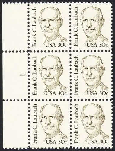 USA Michel 1707 / Scott 1864 postfrisch vert.BLOCK(6) RÄNDER links m/ Platten-# 1 (a1) - Amerikanische Persönlichkeiten: Frank C. Laubach (1884-1970), Missionar und Philologe