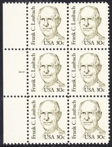 USA Michel 1707 / Scott 1864 postfrisch vert.BLOCK(6) RÄNDER links m/ Platten-# 1 (a2) - Amerikanische Persönlichkeiten: Frank C. Laubach (1884-1970), Missionar und Philologe