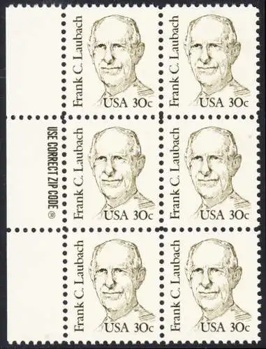 USA Michel 1707 / Scott 1864 postfrisch vert.BLOCK(6) RÄNDER links m/ ZIP-Emblem (a1) - Amerikanische Persönlichkeiten: Frank C. Laubach (1884-1970), Missionar und Philologe