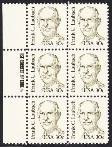 USA Michel 1707 / Scott 1864 postfrisch vert.BLOCK(6) RÄNDER links m/ ZIP-Emblem (a2) - Amerikanische Persönlichkeiten: Frank C. Laubach (1884-1970), Missionar und Philologe