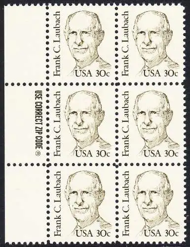 USA Michel 1707 / Scott 1864 postfrisch vert.BLOCK(6) RÄNDER links m/ ZIP-Emblem (a3) - Amerikanische Persönlichkeiten: Frank C. Laubach (1884-1970), Missionar und Philologe