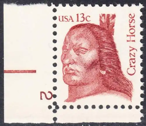 USA Michel 1525 / Scott 1855 postfrisch EINZELMARKE ECKRAND unten  links m/ Platten-# 2  - Amerikanische Persönlichkeiten: Crazy Horse (ca. 1840-1877), Häuptling der Oglala Sioux