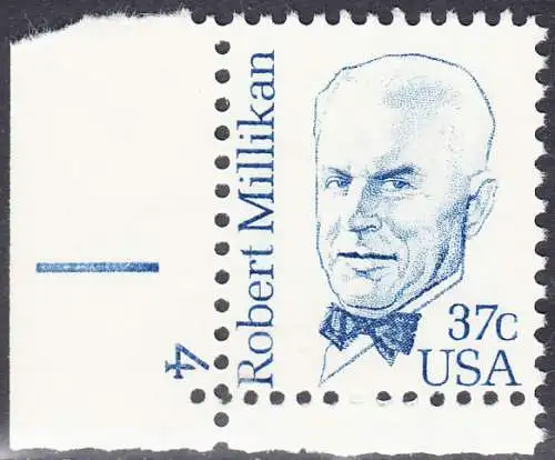 USA Michel 1526 / Scott 1866 postfrisch EINZELMARKE ECKRAND unten links m/ Platten-# 4- Amerikanische Persönlichkeiten: Robert A. Millikan (1868-1953), Physiker, Nobelpreis 1923