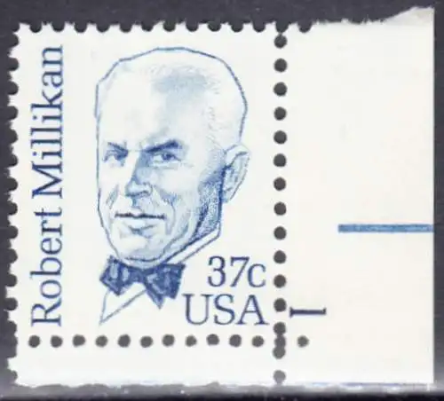 USA Michel 1526 / Scott 1866 postfrisch EINZELMARKE ECKRAND unten rechts m/ Platten-# 1 - Amerikanische Persönlichkeiten: Robert A. Millikan (1868-1953), Physiker, Nobelpreis 1923