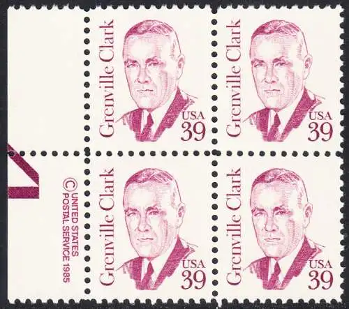 USA Michel 1730 / Scott 1867 postfrisch BLOCK RÄNDER links m/ copyright symbol (a2) - Amerikanische Persönlichkeiten: Grenville Clark (1885-1967), Jurist