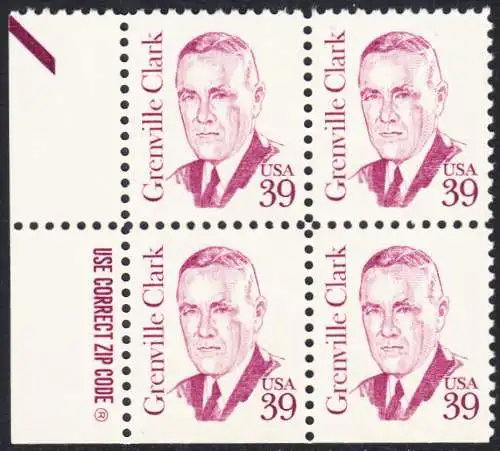 USA Michel 1730 / Scott 1867 postfrisch BLOCK RÄNDER links m/ ZIP-emblem (unten ungez.) - Amerikanische Persönlichkeiten: Grenville Clark (1885-1967), Jurist