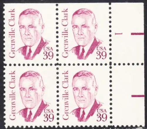 USA Michel 1730 / Scott 1867 postfrisch BLOCK RÄNDER rechts m/ Platten-# 1 (unten ungez.) - Amerikanische Persönlichkeiten: Grenville Clark (1885-1967), Jurist