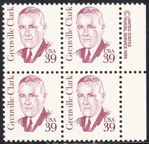USA Michel 1730 / Scott 1867 postfrisch BLOCK RÄNDER rechts m/ copyright symbol (a1) - Amerikanische Persönlichkeiten: Grenville Clark (1885-1967), Jurist