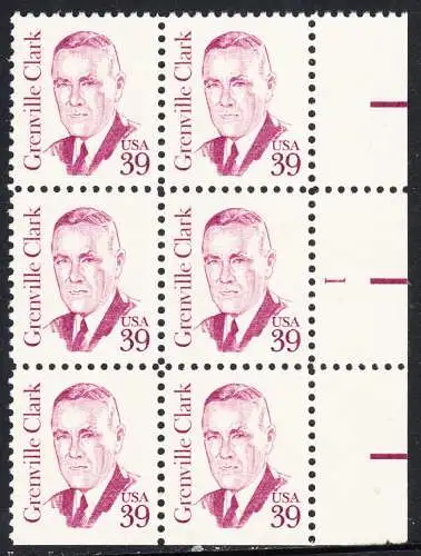 USA Michel 1730 / Scott 1867 postfrisch vert.BLOCK(6) RÄNDER rechts m/ Platten-# 1 (unten ungez.) - Amerikanische Persönlichkeiten: Grenville Clark (1885-1967), Jurist